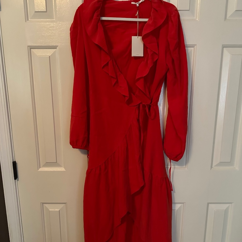 Red Tularosa from Revolve wrap dress, Low cut with ruffles.